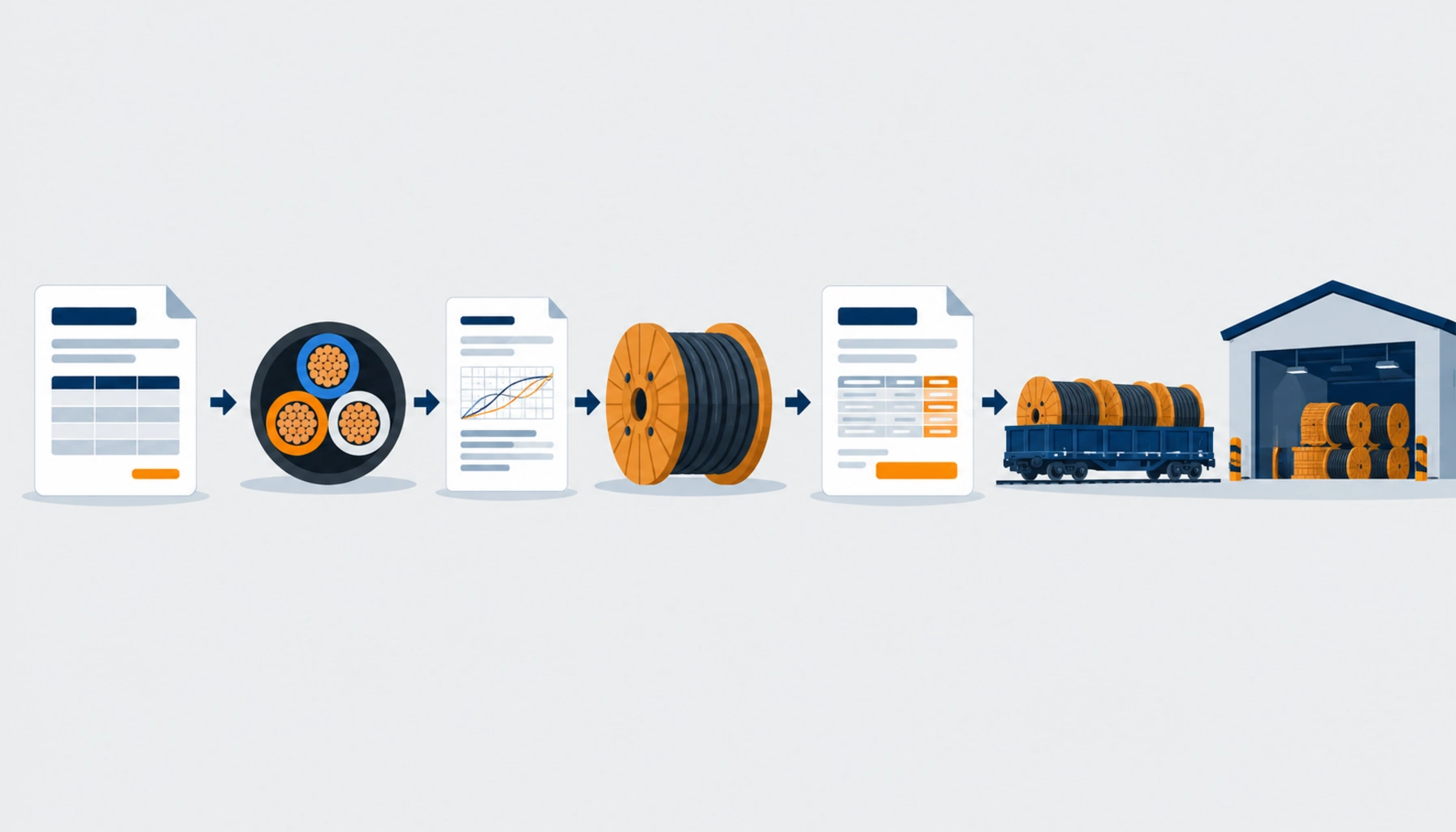 Flat illustration of an RFQ document transforming into a structured quotation with cable drum and freight icons, no readable text, no labels