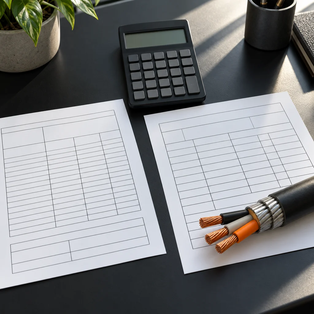Two printed quotation documents side by side on a desk with a calculator and a short cable sample, no readable text, no labels
