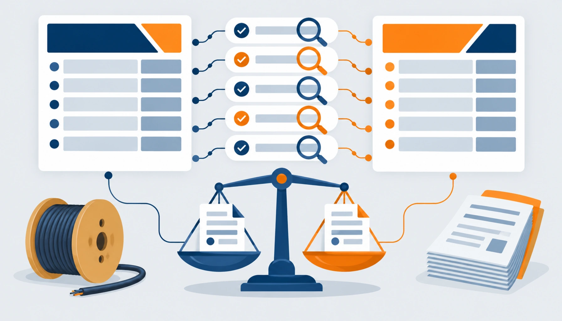 Flat illustration of two quotation cards being compared line by line against a checklist with a balance scale icon, no readable text, no labels