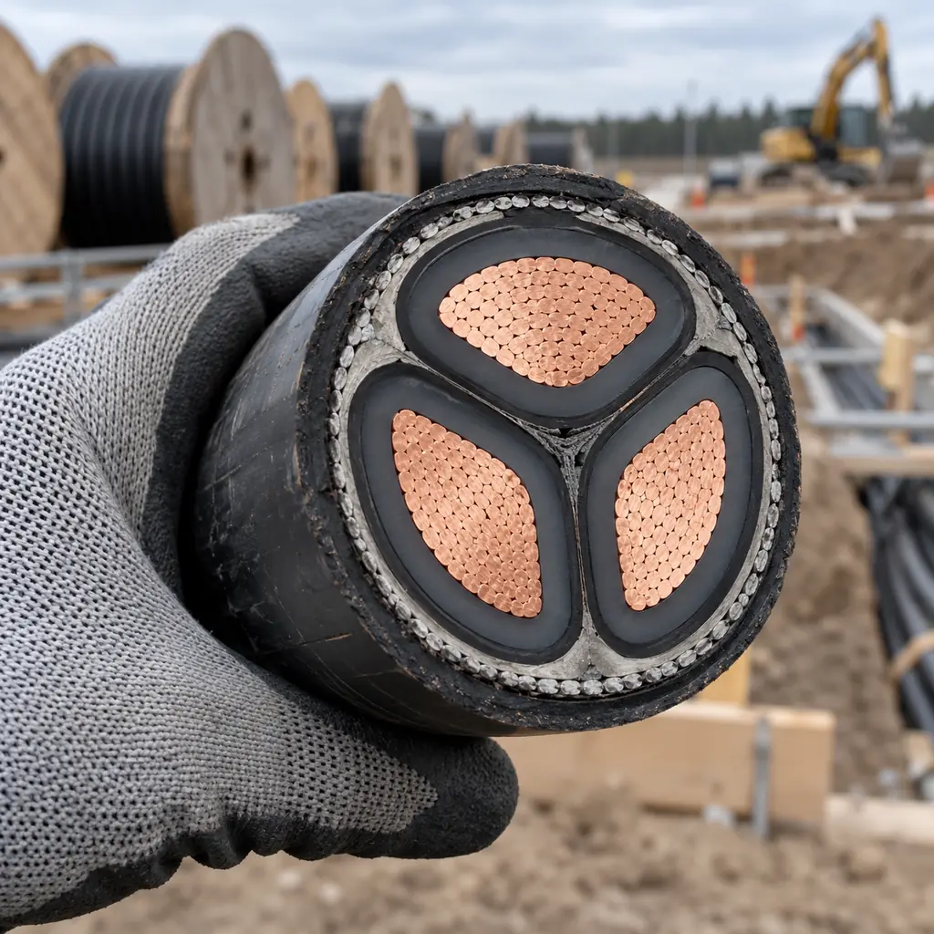 A cut open XLPE power cable showing copper conductors and insulation held at a worksite, no readable text, no labels