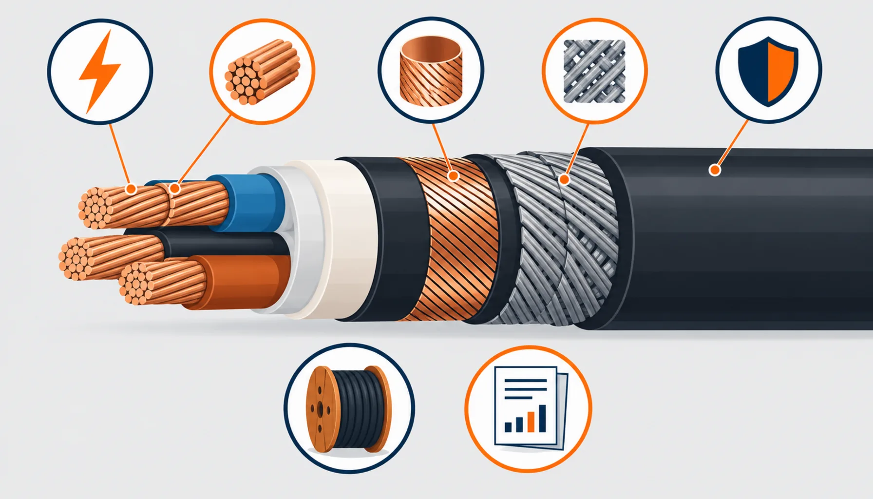 Flat illustration of a power cable cross-section with specification callout icons for voltage, conductor, screen, armour and sheath, no readable text, no labels