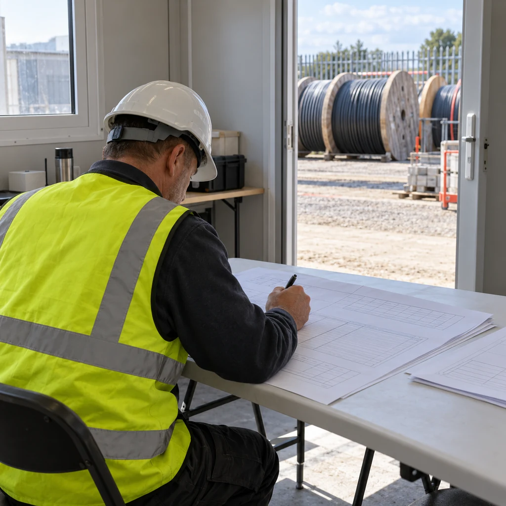 An engineer marking up a bill of quantities at a site office with power cable drums outside, no readable text, no labels