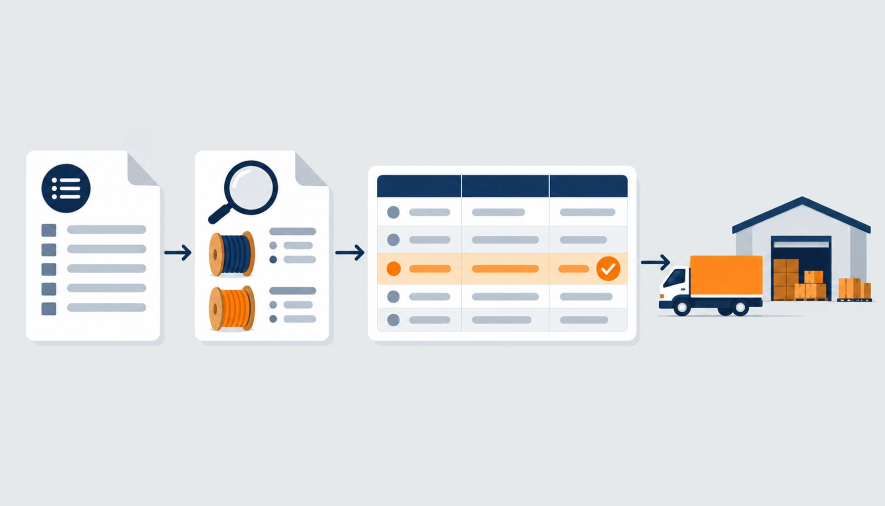 Flat illustration of a BOQ document converting into an RFQ and then a three-column deviation table, no readable text, no labels