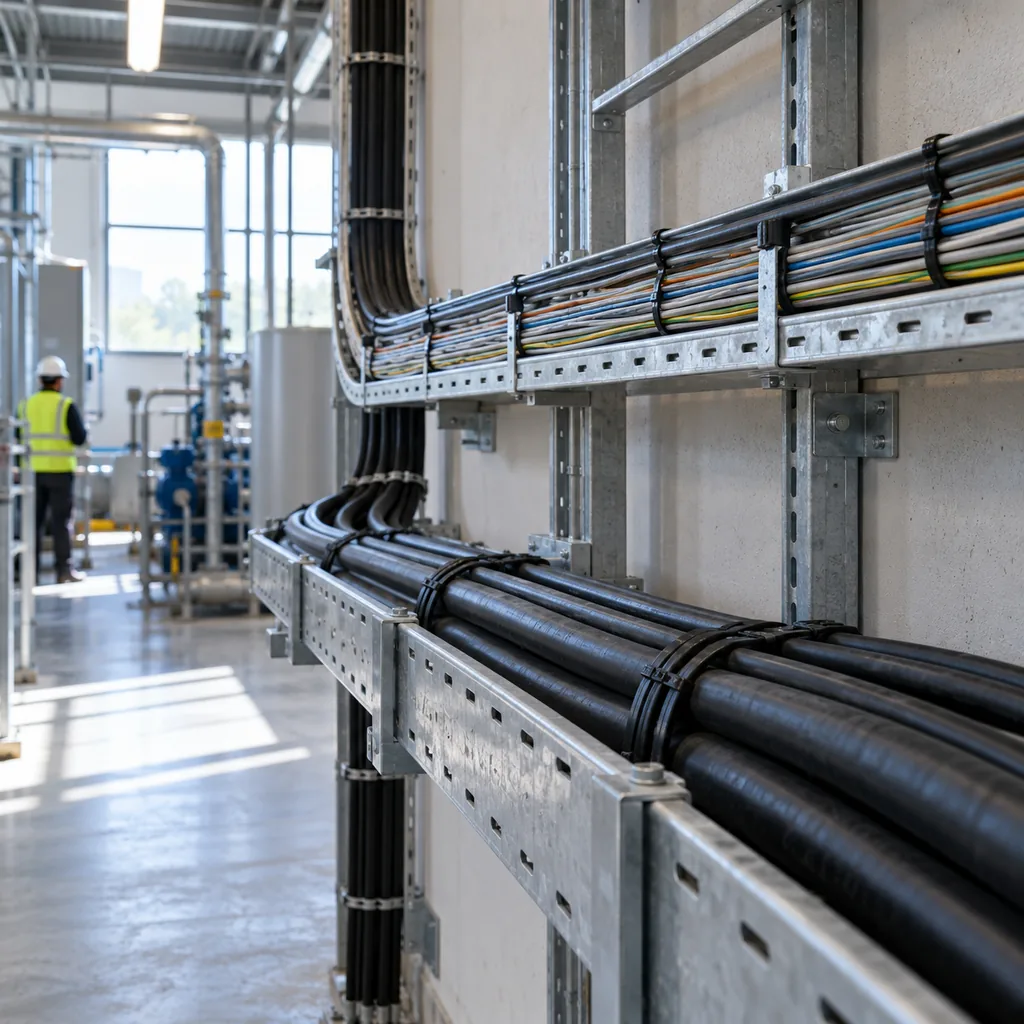 Bundled power and control cables routed on a tray inside a plant room with an electrician working in the background, no readable text, no labels