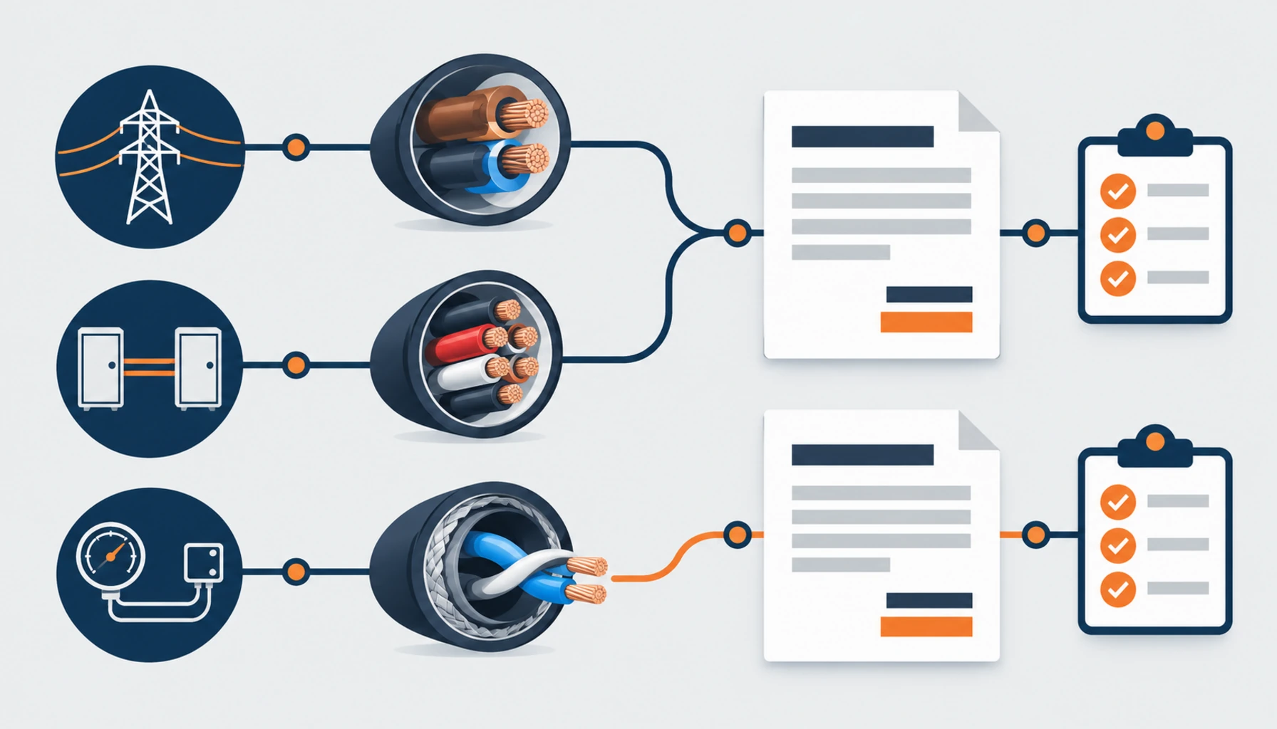 Flat illustration of circuit groups feeding into matching cable types with a checklist and quotation cards, no readable text, no labels