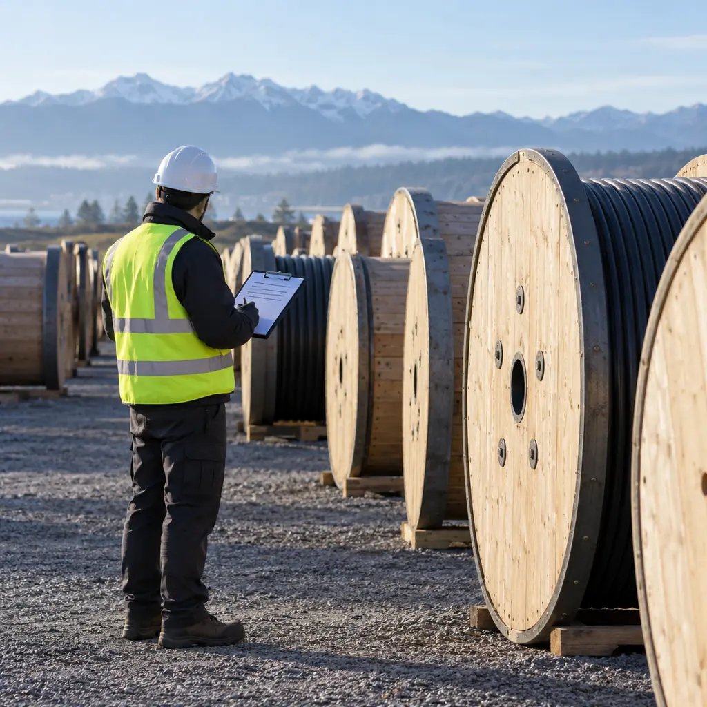 An inspector checking cable drums against a document list at a project laydown yard, no readable text, no labels