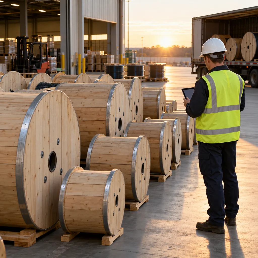 Rows of finished cable drums in a factory dispatch area being counted by a warehouse worker, no readable text, no labels