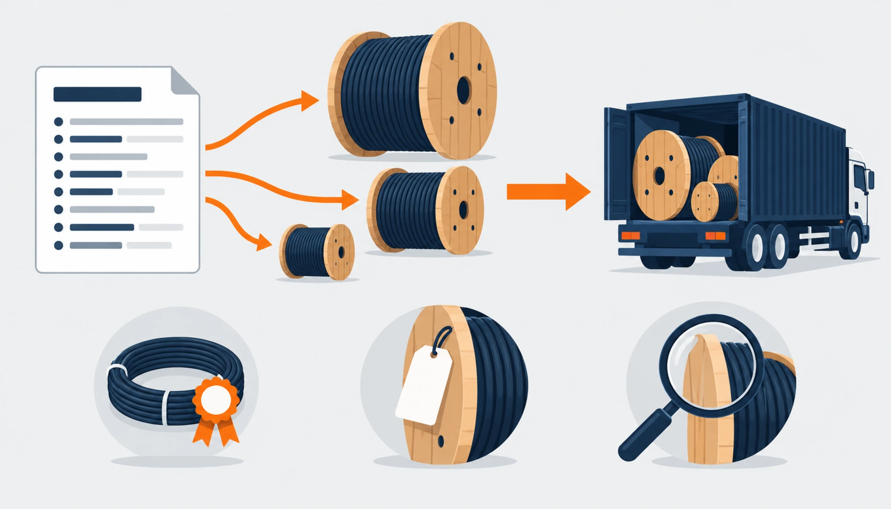 Flat illustration of a wholesale order sheet with many specification rows flowing into cable drums, a sample seal, a label and an inspection magnifier, no readable text, no labels
