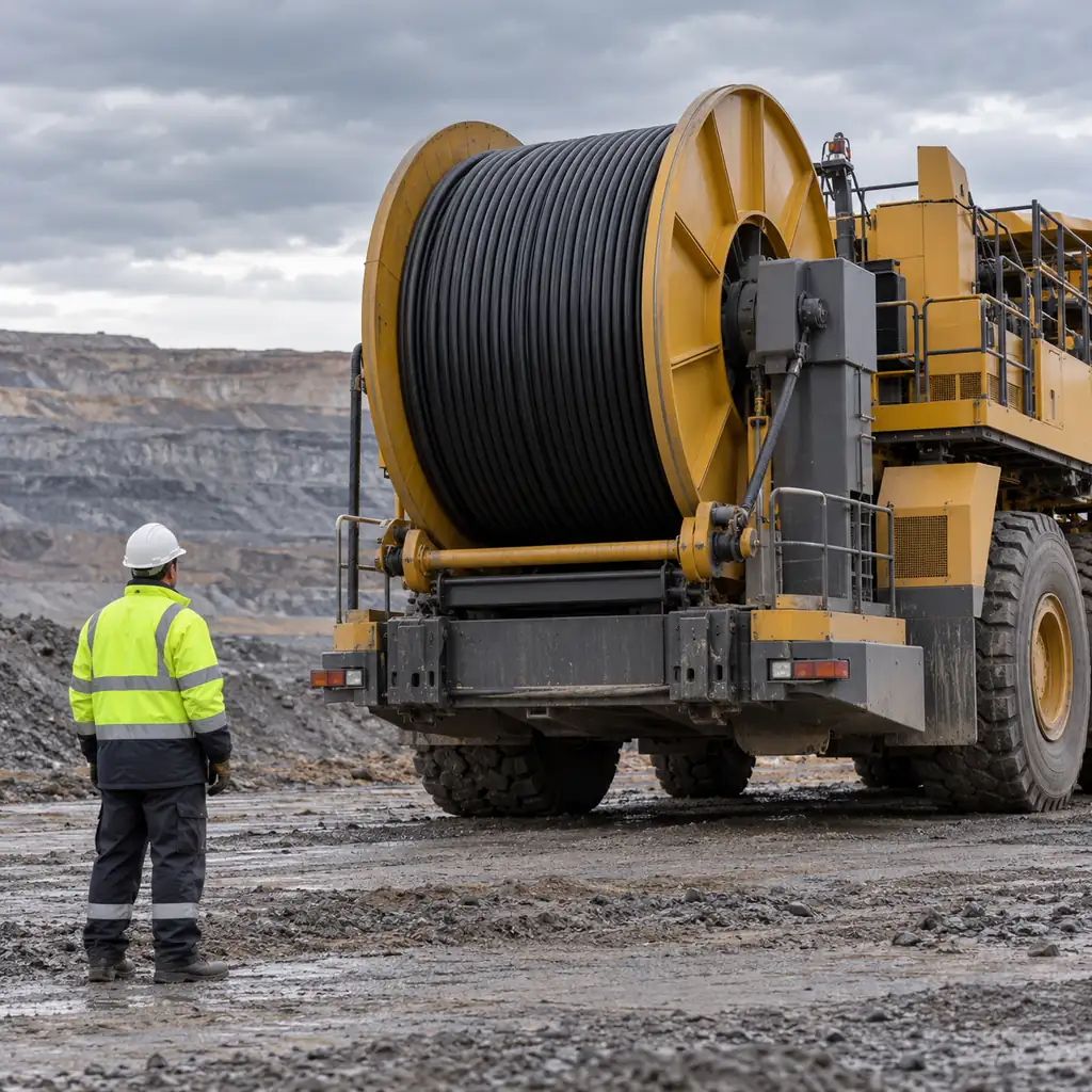 A large trailing cable drum mounted on a mobile mining machine at an open pit, engineer observing, no readable text, no labels