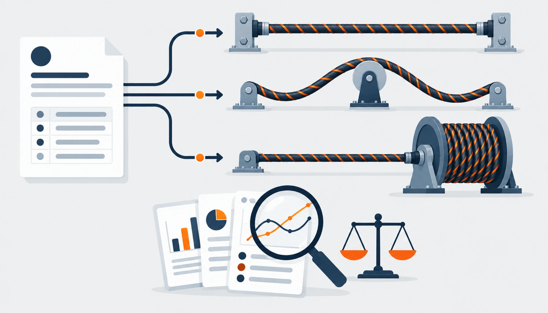 Flat illustration of a quotation document beside three cable duty icons: a fixed armoured run, a flexible trailing loop and a winding reel, with a magnifier over test evidence, no readable text, no labels