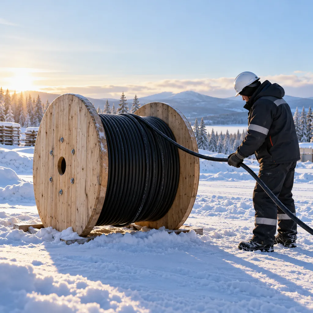 A cable drum standing in snow at a worksite with a worker in winter gear handling the cable end, no readable text, no labels