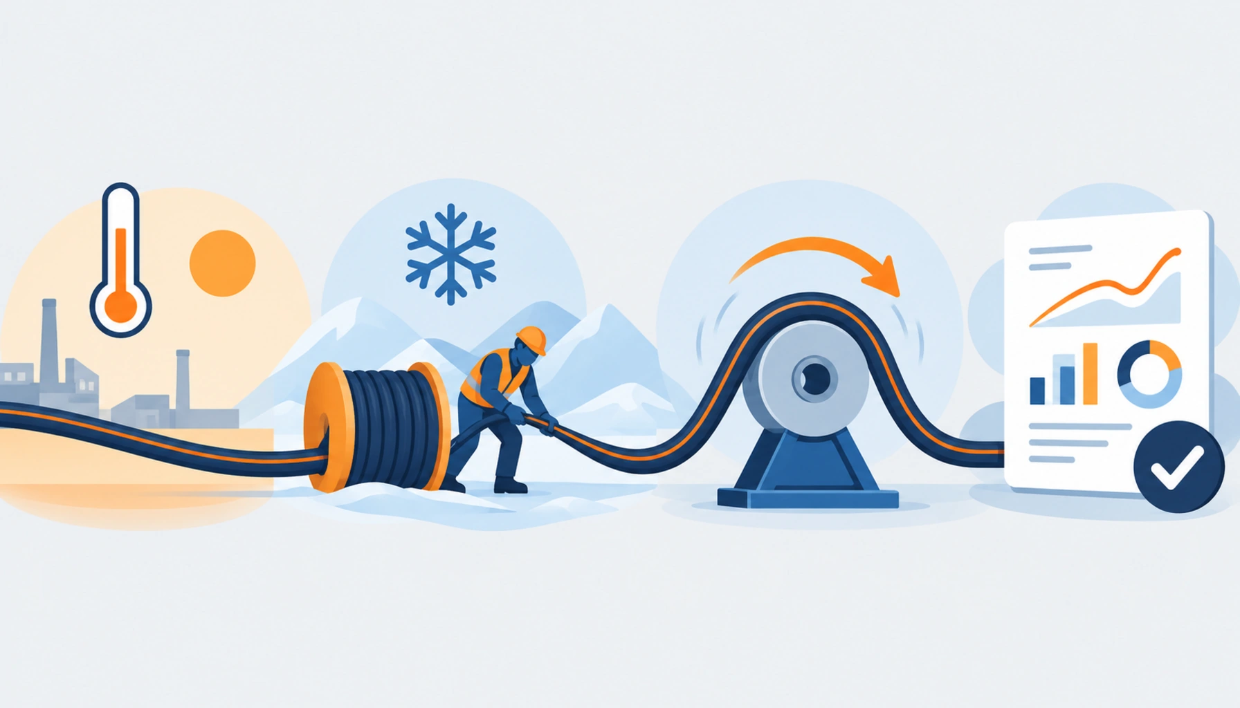 Flat illustration of one cable passing through three temperature zones: a steady operating zone, a colder installation zone and a dynamic flexing zone, with a document card of test evidence, no readable text, no labels