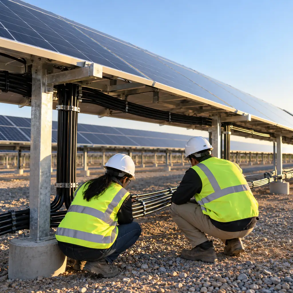 Black solar DC cables routed between photovoltaic array tables at a plant under a clear sky, no readable text, no labels