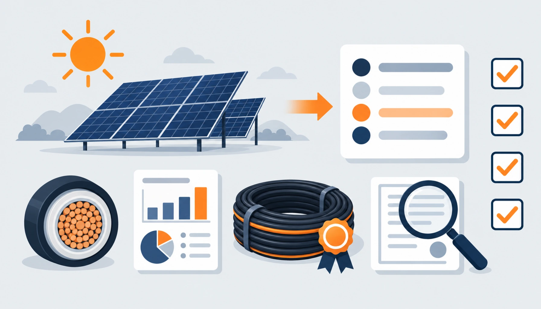 Flat illustration of a screening checklist flowing from an array scene: sun over PV tables, a cable cross-section, a test report card, a sample coil and a scope magnifier over a certificate, no readable text, no labels