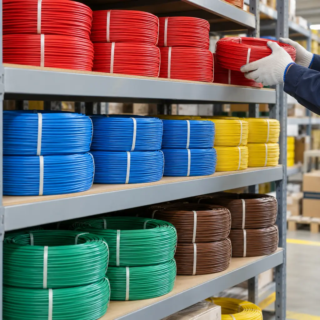Colourful coils of insulated building wire arranged on a wholesaler's warehouse shelf, no readable text, no labels