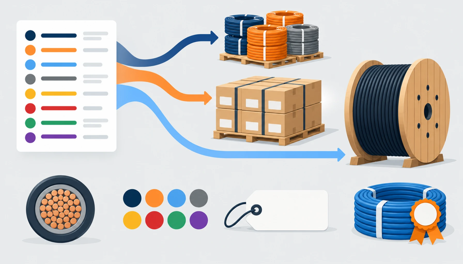 Flat illustration of a building wire order flowing into coils, cartons and a drum, with icons for conductor cross-section, colour set, label and sealed sample, no readable text, no labels
