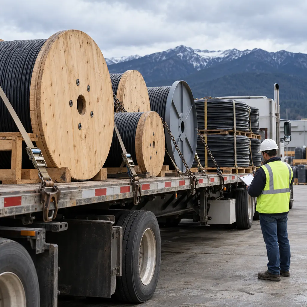 A mixed load of cable drums and coils being checked against documents at a mountain border crossing yard, no readable text, no labels