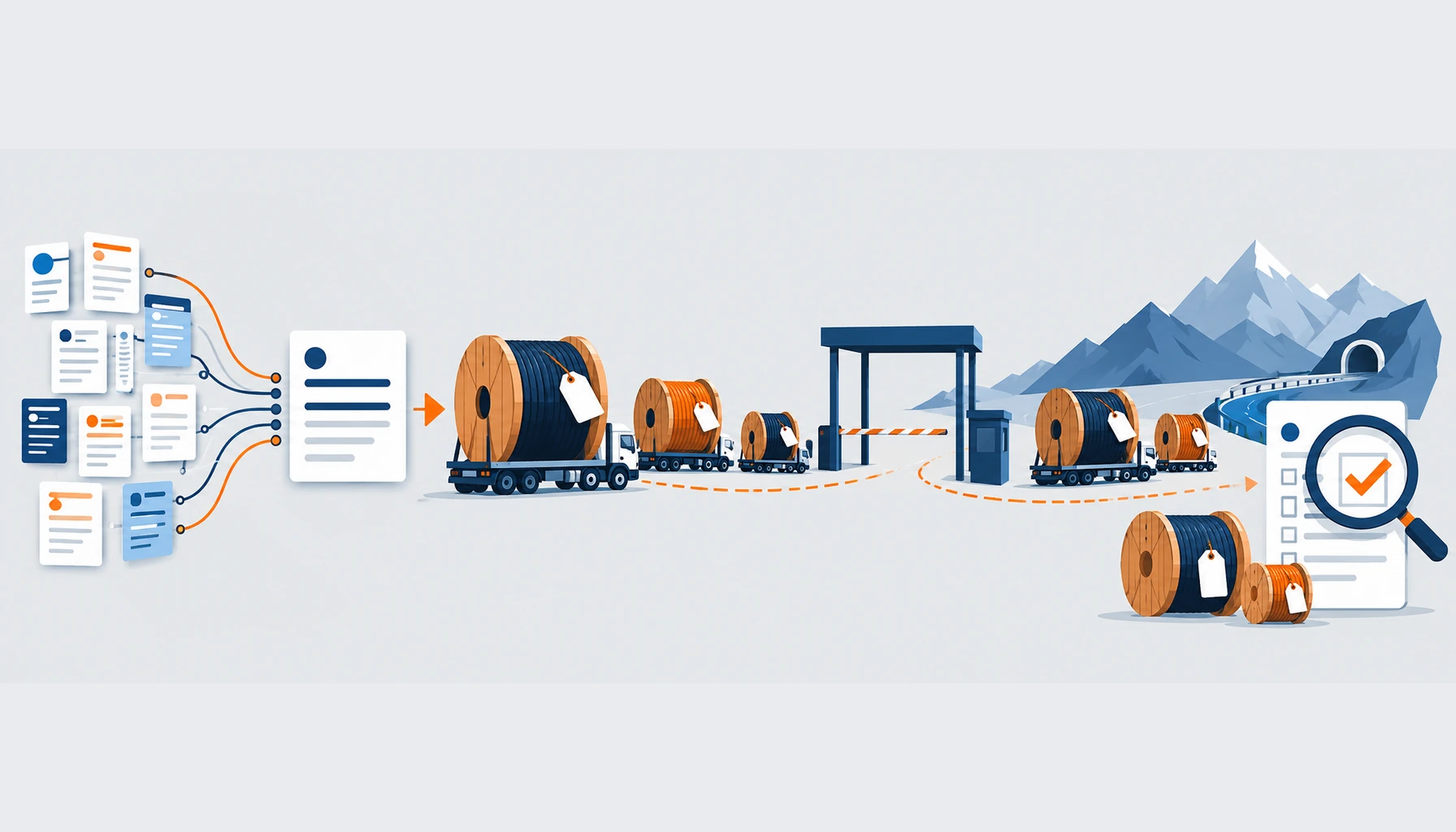 Flat illustration of many specification rows merging into one shipment flow: consolidated sheet, drums with blank labels, a route with transhipment icons and a reconciliation magnifier, no readable text, no labels