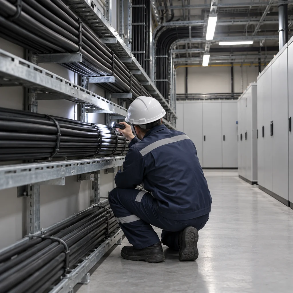 Screened multicore control cables routed in a tray inside a power facility switchgear room, no readable text, no labels