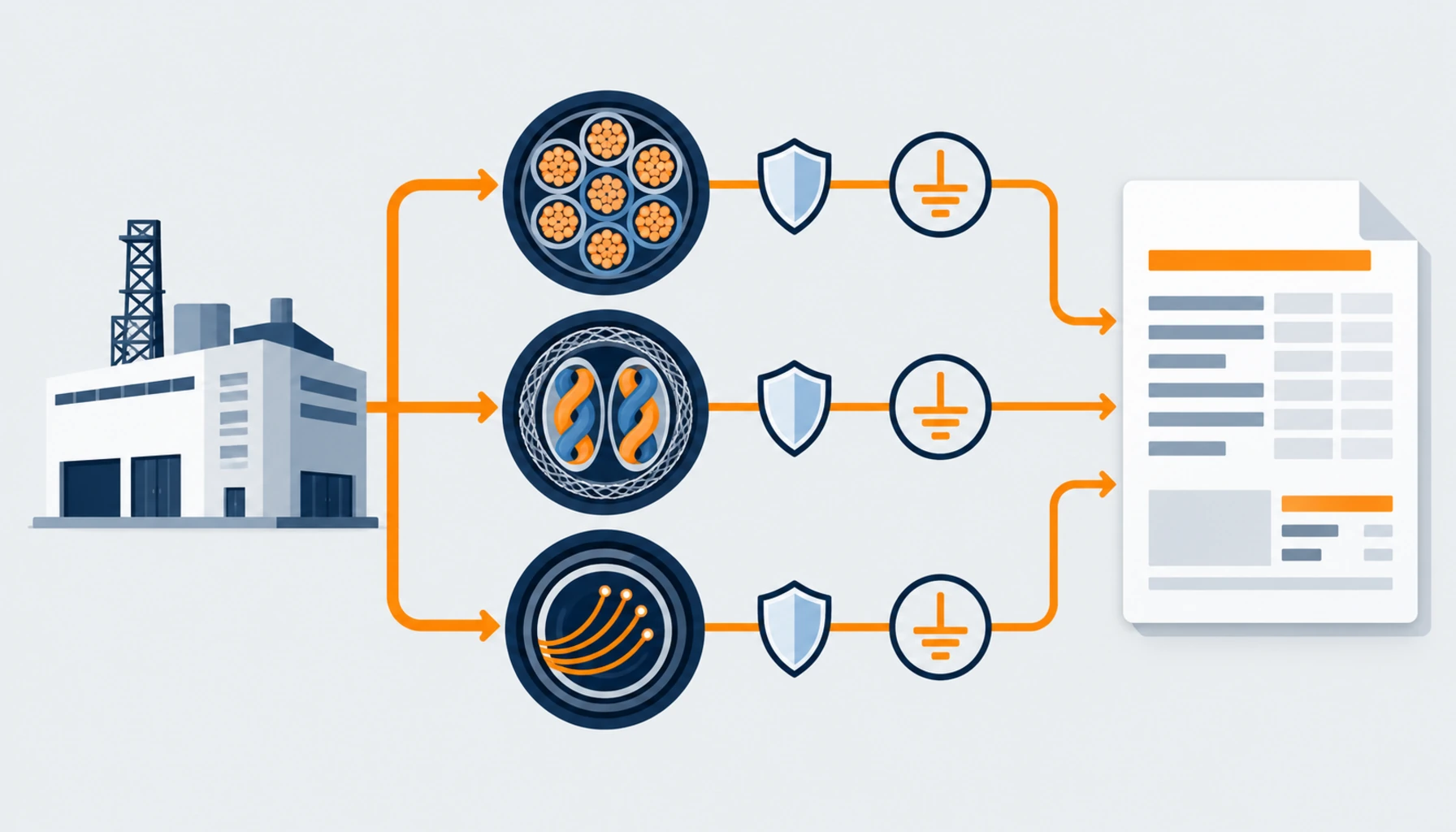 Flat illustration of three circuit groups branching from a facility icon: a multicore control cable, a screened pair cable and a communication cable, each with a small shield and earth icon, no readable text, no labels
