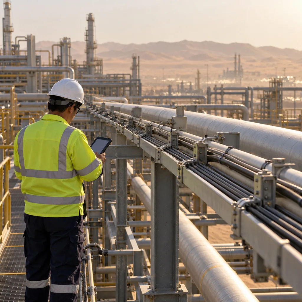 Armoured screened instrumentation cables routed along a pipe rack at an industrial plant in a desert setting, no readable text, no labels