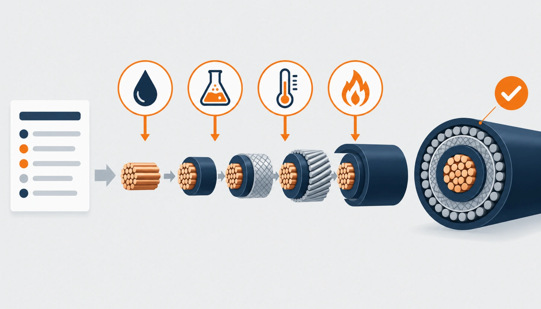 Flat illustration of an environment exposure sheet feeding a cable cross-section builder: oil drop, chemical flask, thermometer and flame icons each adding a layer, ending at a complete armoured screened cable, no readable text, no labels