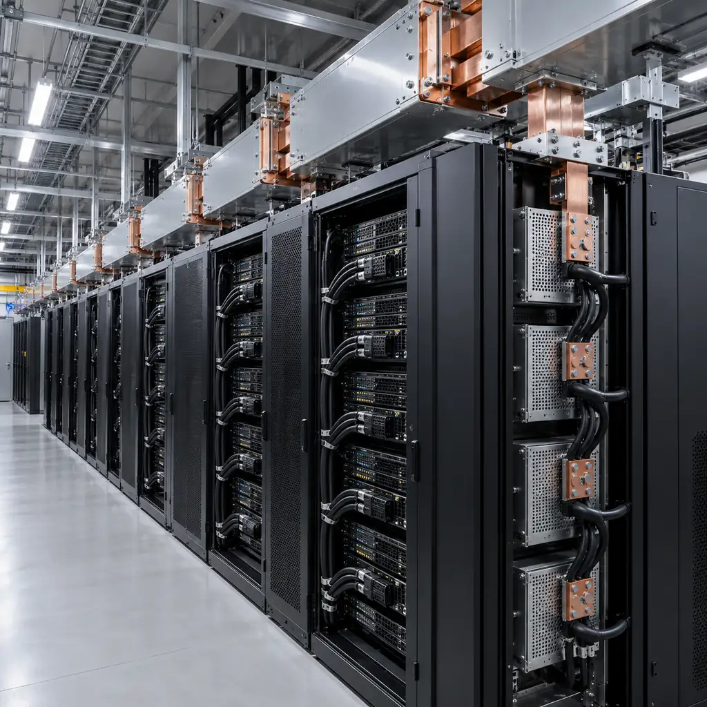Power distribution cabinets and busway risers feeding a dense row of AI server racks in a modern data hall