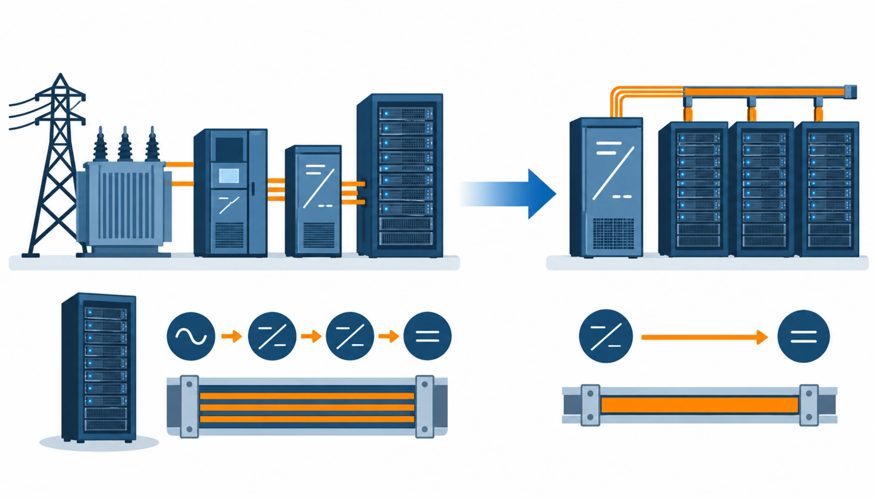 Flat infographic comparing the traditional AC plus 54V server power chain with a single 800V DC distribution step