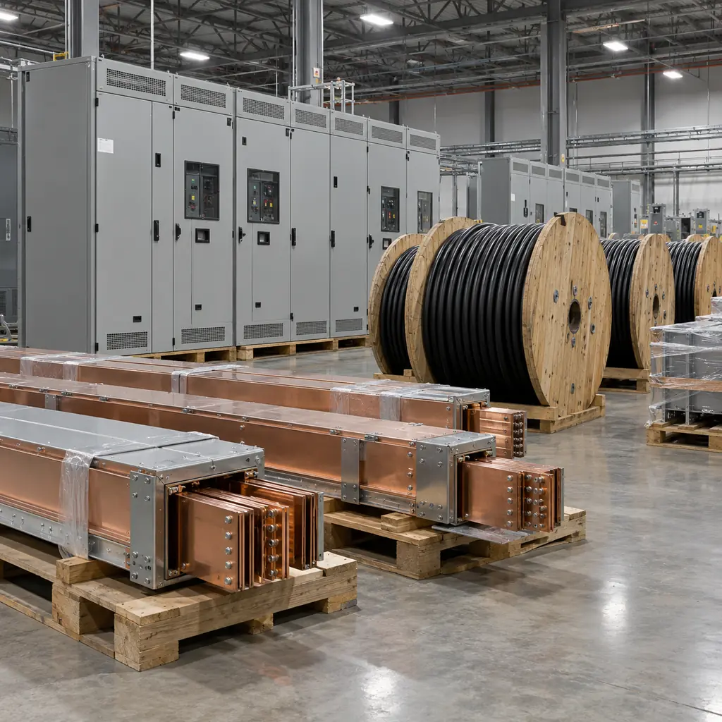 Three-stage data center power distribution cabinets with busway and DC protection equipment laid out for a staged procurement plan