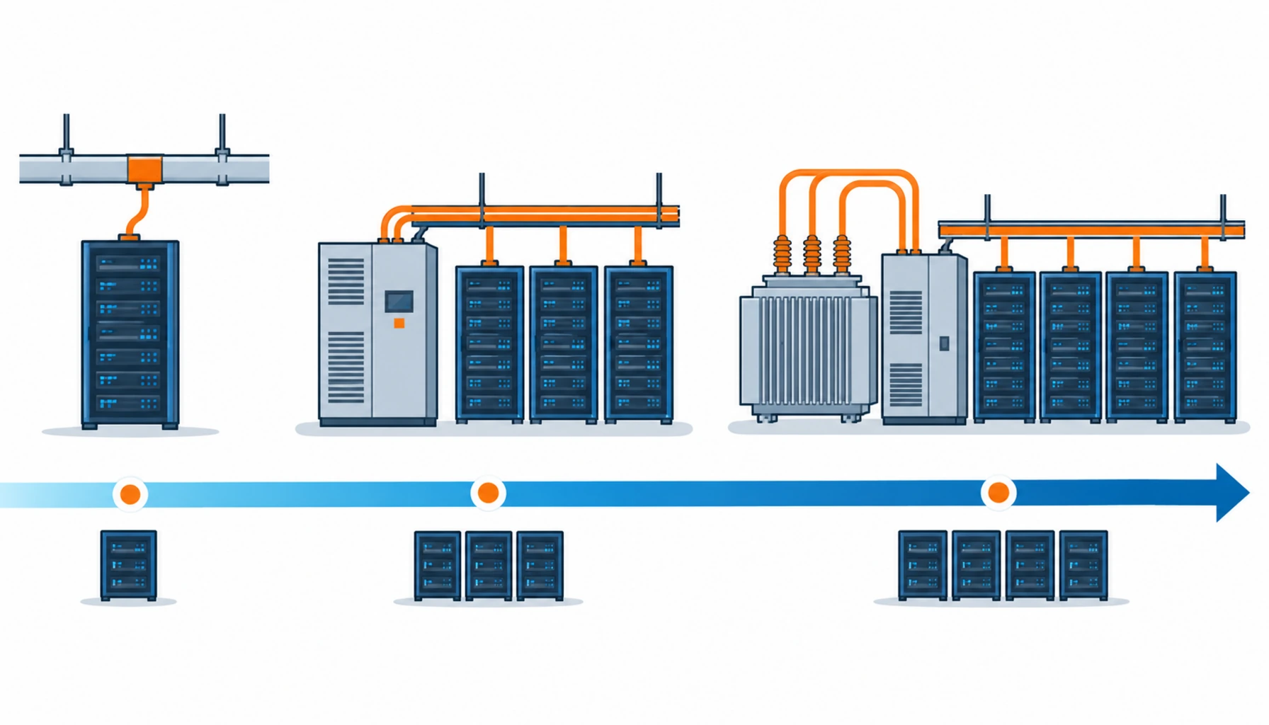 Flat infographic mapping the three 800VDC roadmap stages to the equipment each stage requires