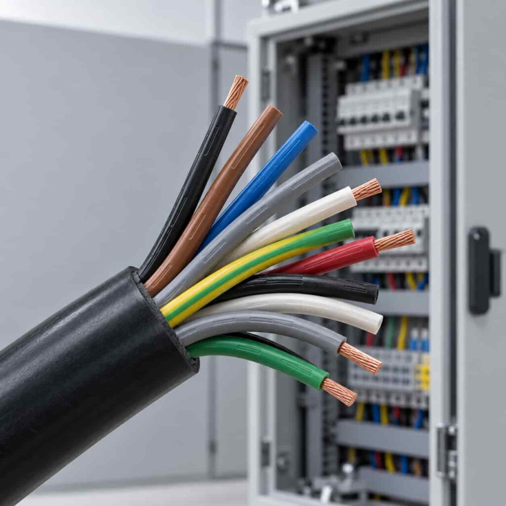 Multi-core KVV control cable with stripped ends showing numbered PVC insulated cores beside a control panel