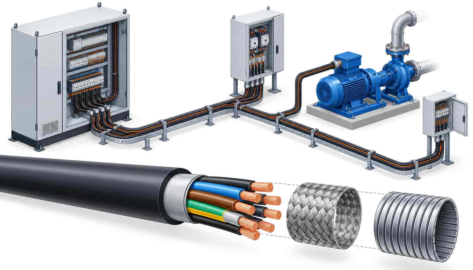 Isometric illustration of KVV control cable routing between a control panel, motor starters and field devices