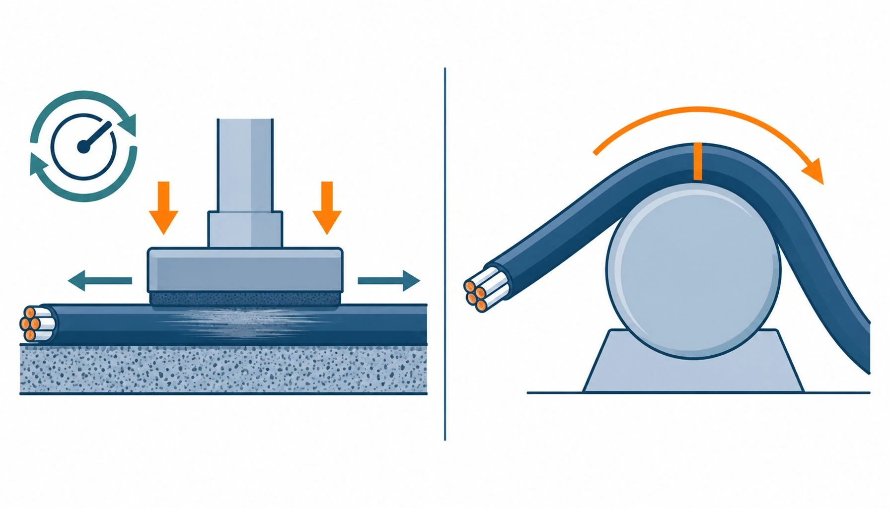Flat infographic contrasting two test rigs, one with a rubbing pad and cycle counter and one with a notched cable bent over a mandrel