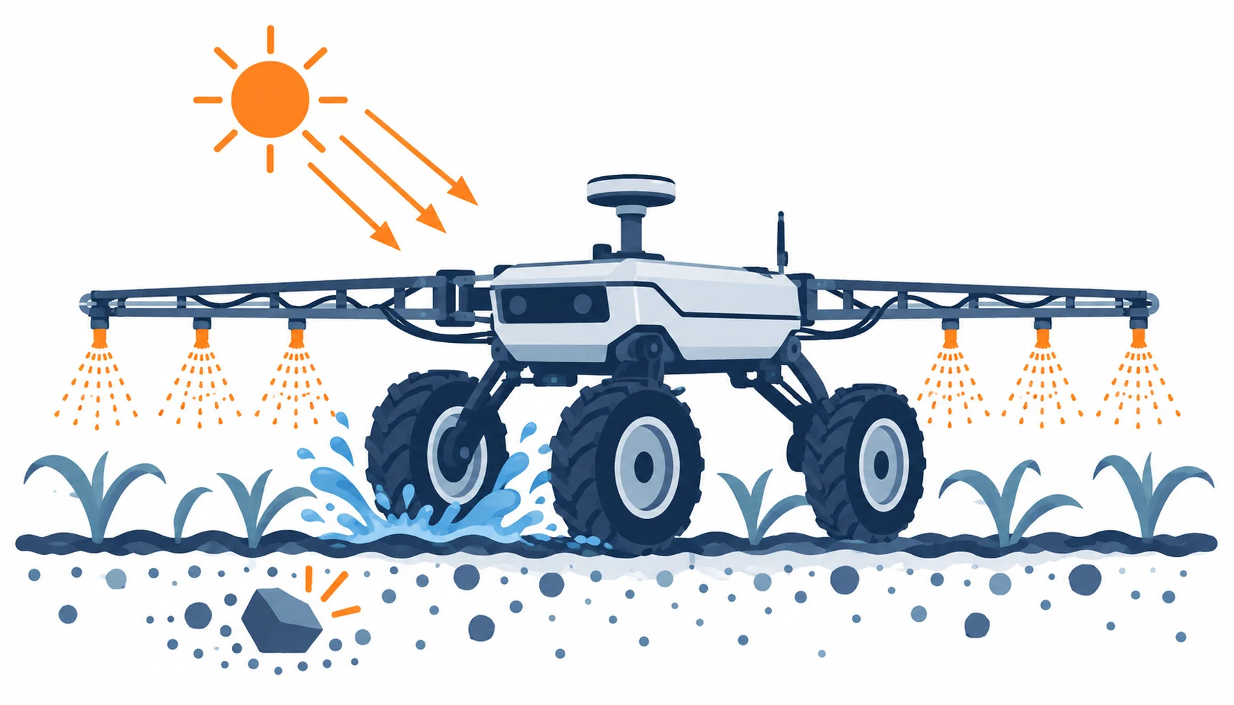 Flat infographic of the four field exposures acting on an agricultural robot: ultraviolet rays from a sun, crop chemical spray droplets, standing irrigation water and soil grit at the wheels