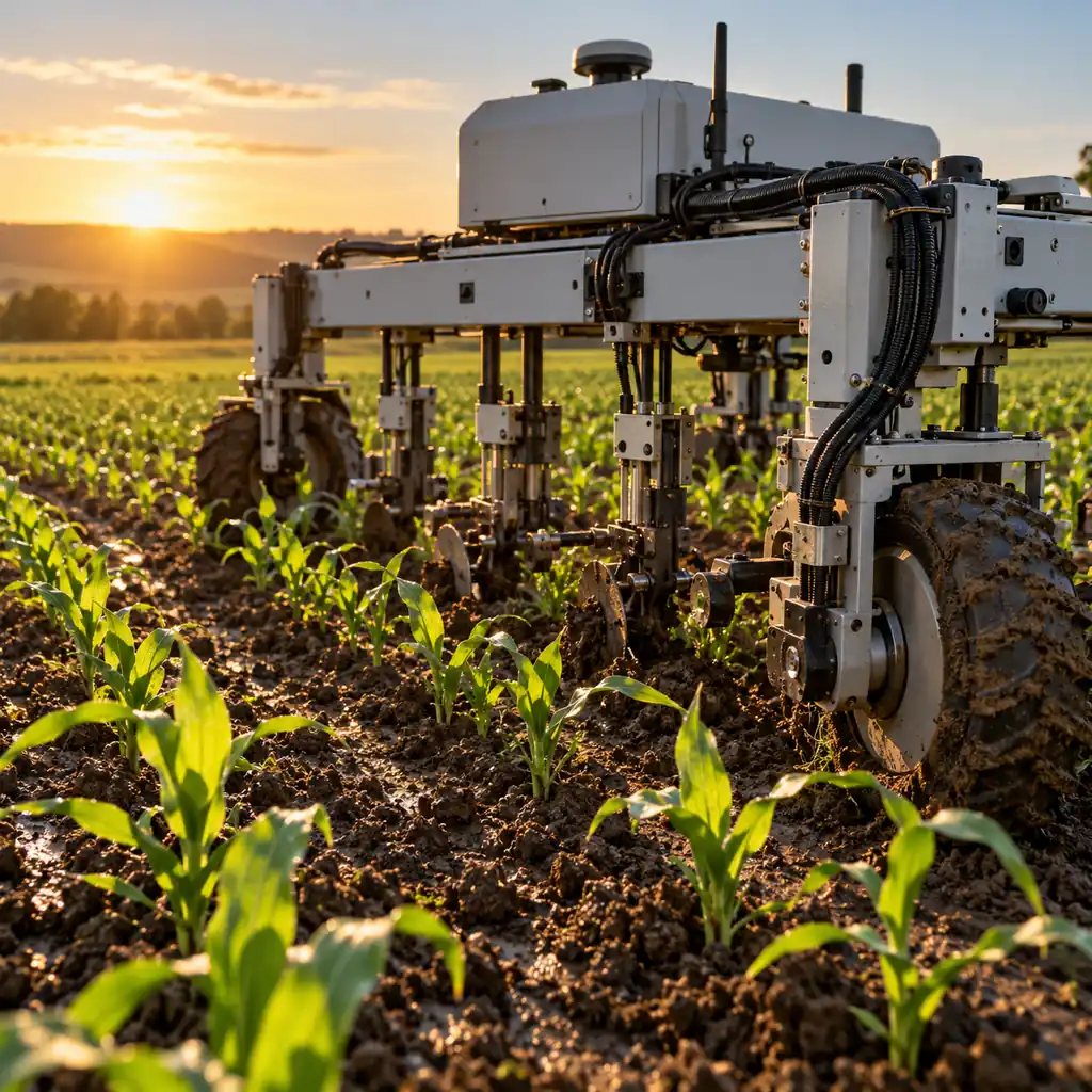 Photorealistic scene: an autonomous weeding robot working along a crop row, its cable harness running down the boom into a wheel drive, damp soil and young plants around it, low sun and long shadows across the field, no readable text, no labels