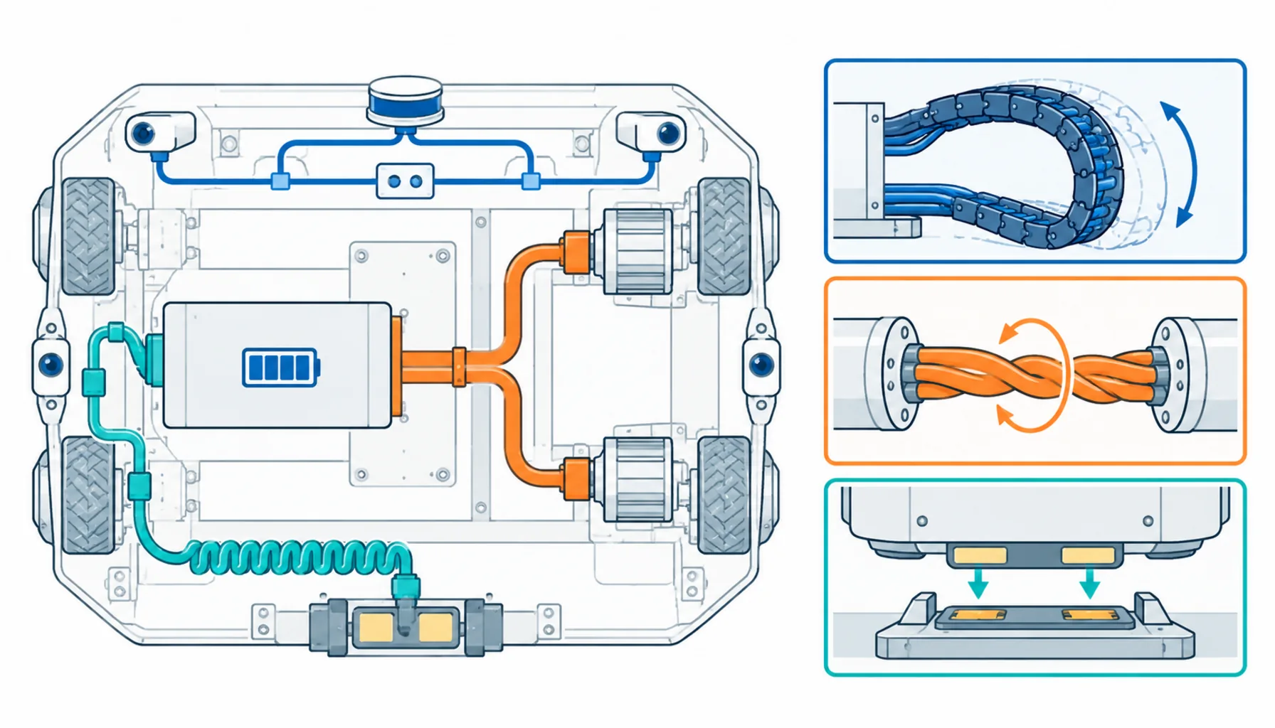 Flat infographic of a mobile robot chassis outline with three color-coded cable routes for battery power, sensor signals and charging, beside a duty checklist panel