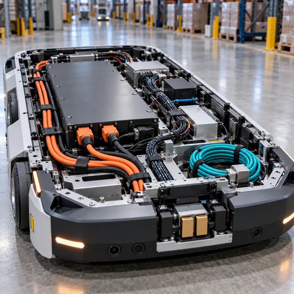 An automated guided vehicle chassis with its top cover removed showing routed battery power cables, signal harnesses and a coiled charging cable near the front charging contacts