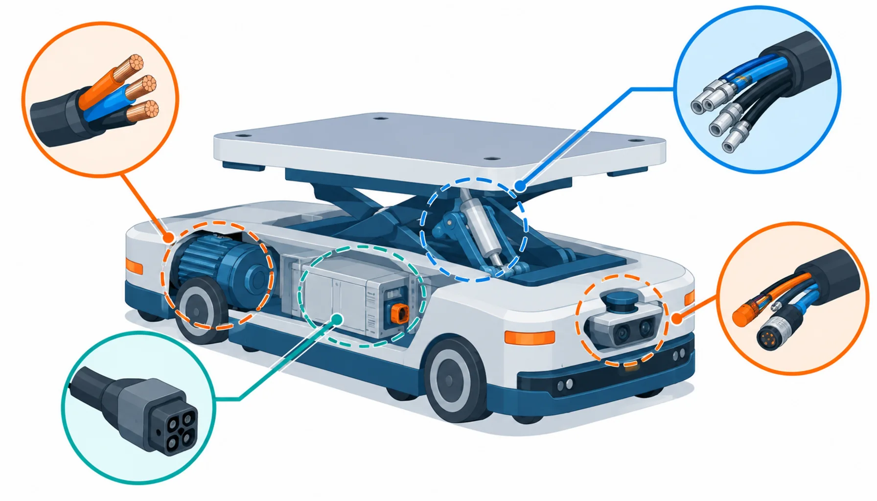 Flat infographic of an AMR with four cable duty zones highlighted and linked to separate cable icons