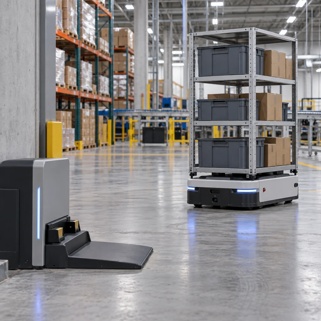 An autonomous mobile robot carrying a shelf unit across a warehouse floor with its charging dock and tethered connections visible in the foreground
