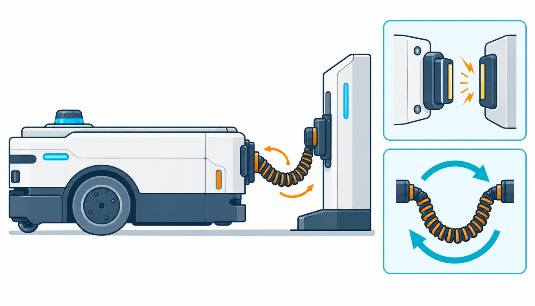 Flat infographic of a charging duty cycle showing a vehicle docking at a station, a coiled service loop with flex arrows, and a contact wear panel with spark icons