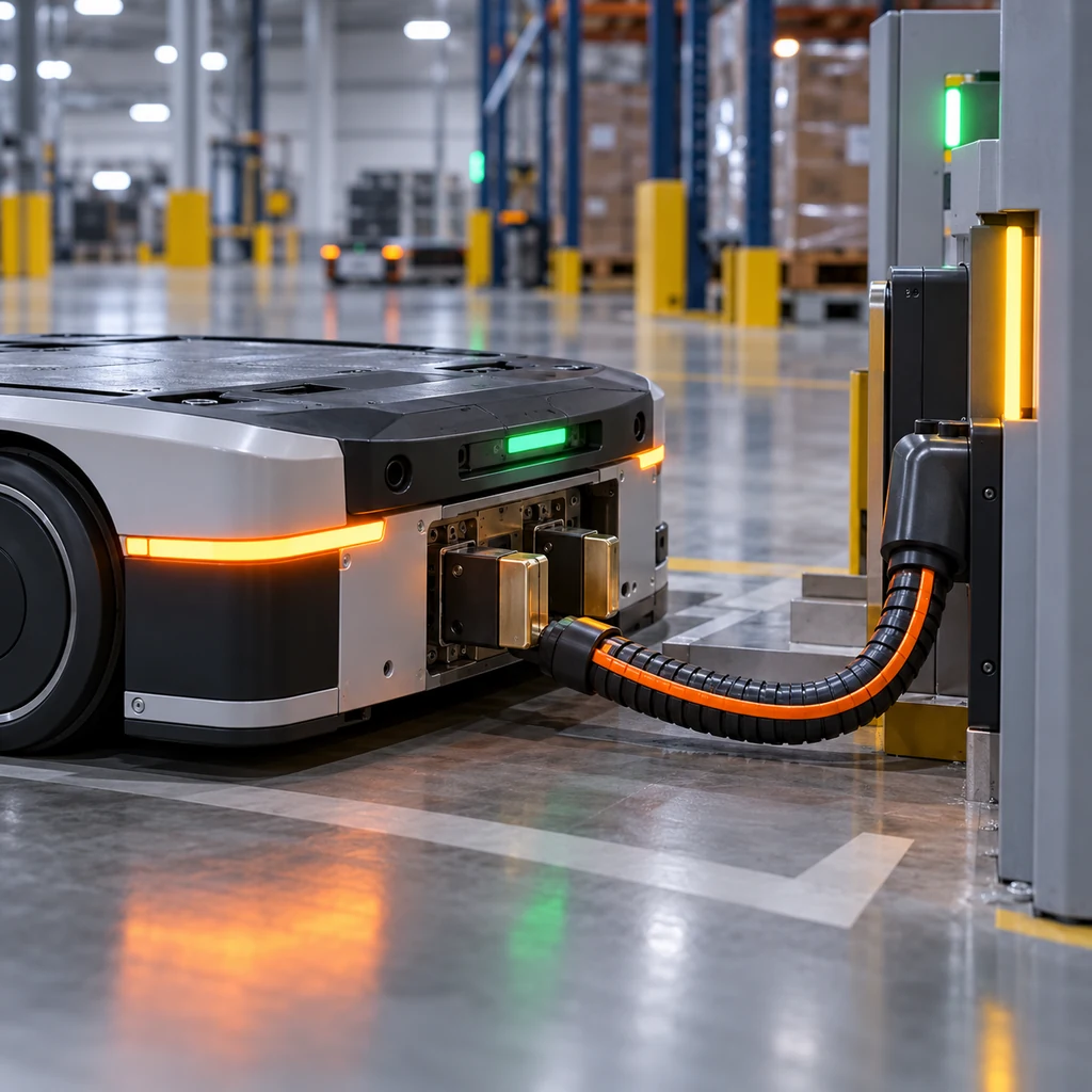 The charging bay of an automated guided vehicle showing its front contact paddles, a flexing charging cable in a service loop and the charging station connector under warehouse lighting