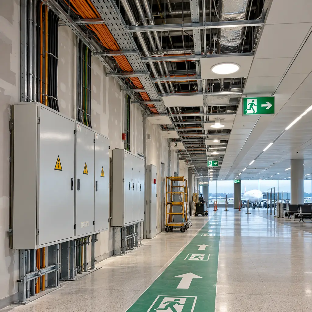 An airport terminal service level under construction with cable in tray above a suspended ceiling, distribution boards on the wall and an evacuation route marked on the floor, clean lighting, no readable text, no labels