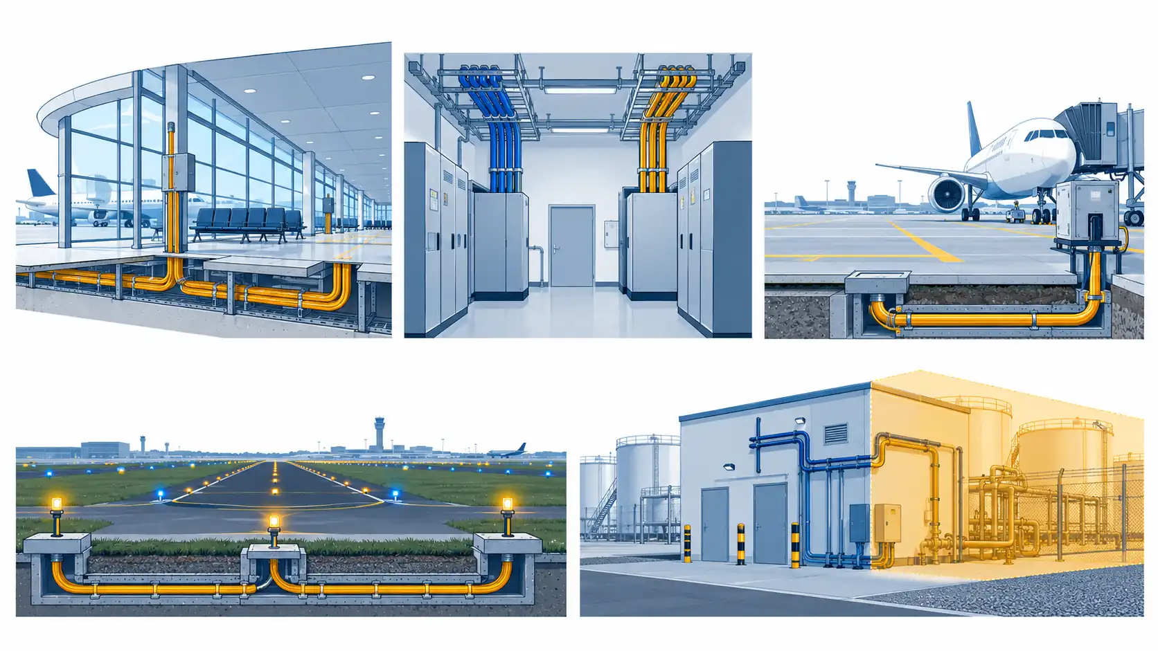 Flat infographic of airport cable scopes: a terminal concourse with containment above a ceiling, a plant room with a UPS and dual feeds, an apron stand with armoured underground cable, and an airfield lighting circuit with joint chambers
