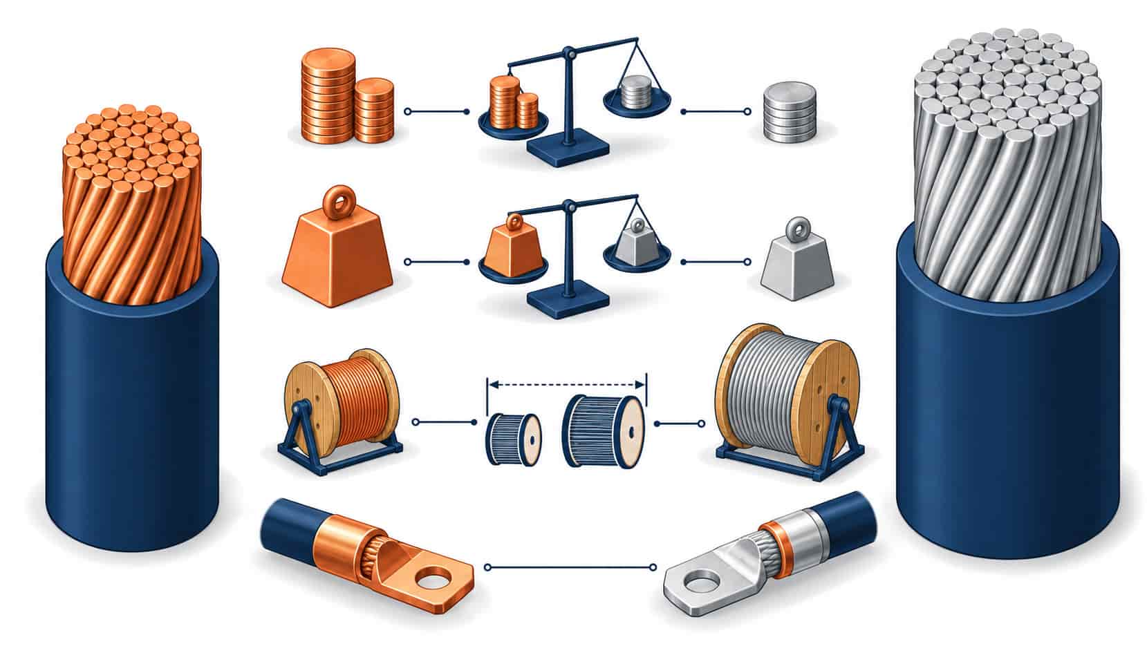Isometric illustration comparing aluminum and copper conductors across cost, weight, size and termination axes