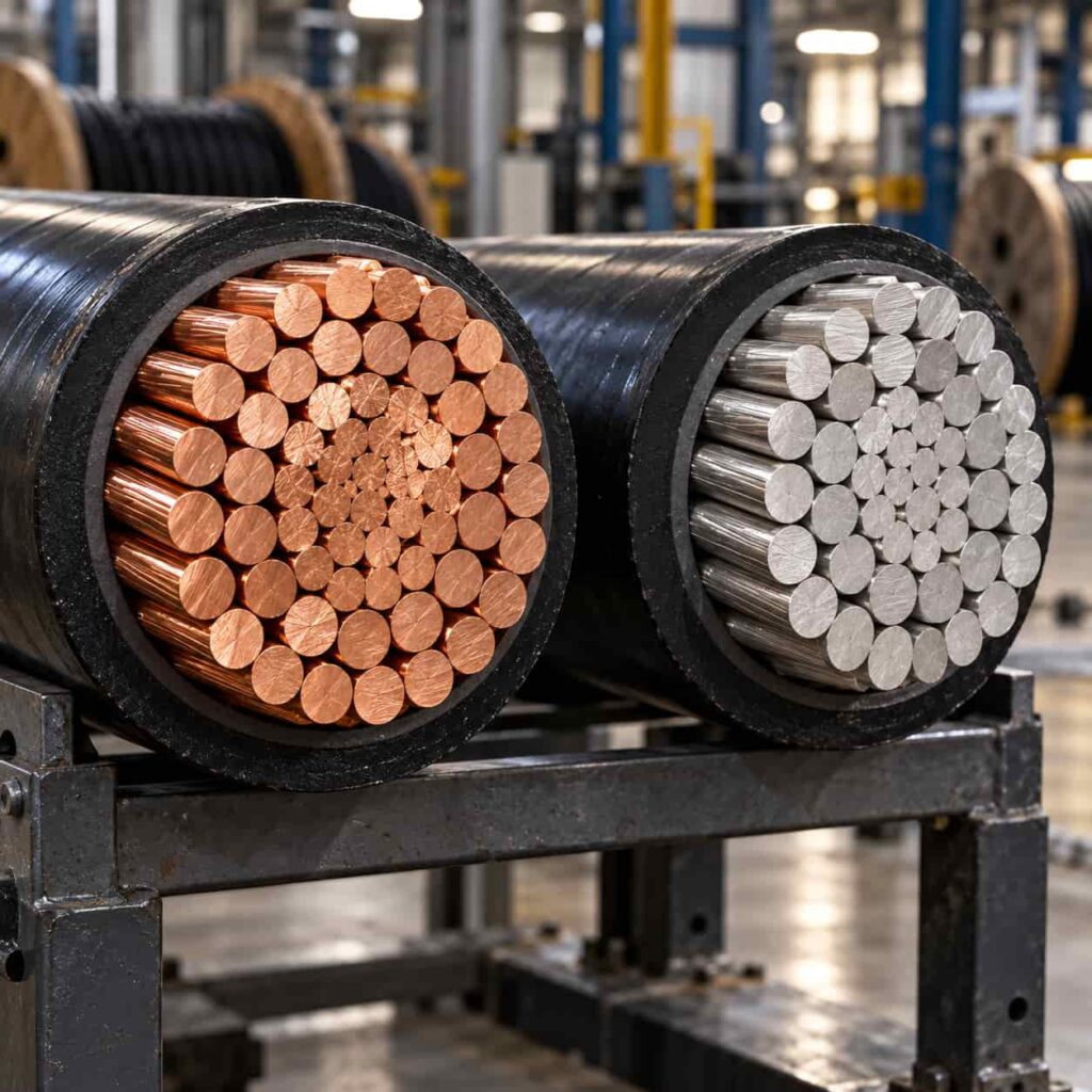 Side-by-side cross sections of an aluminum conductor cable and a copper conductor cable on an industrial cable rack