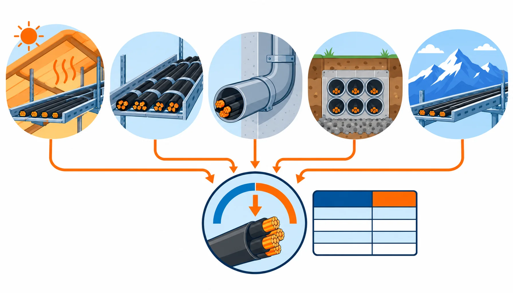 Flat infographic of the derating factors applied to a cable ampacity figure: ambient, grouping, installation method, soil and altitude feeding one derated current