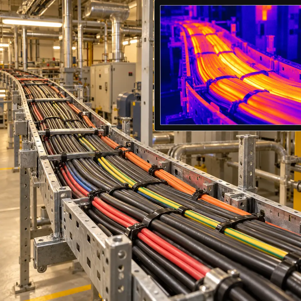 A densely loaded cable tray in an industrial plant room with several circuits bundled together and a thermal camera image shown beside it, no readable text, no labels