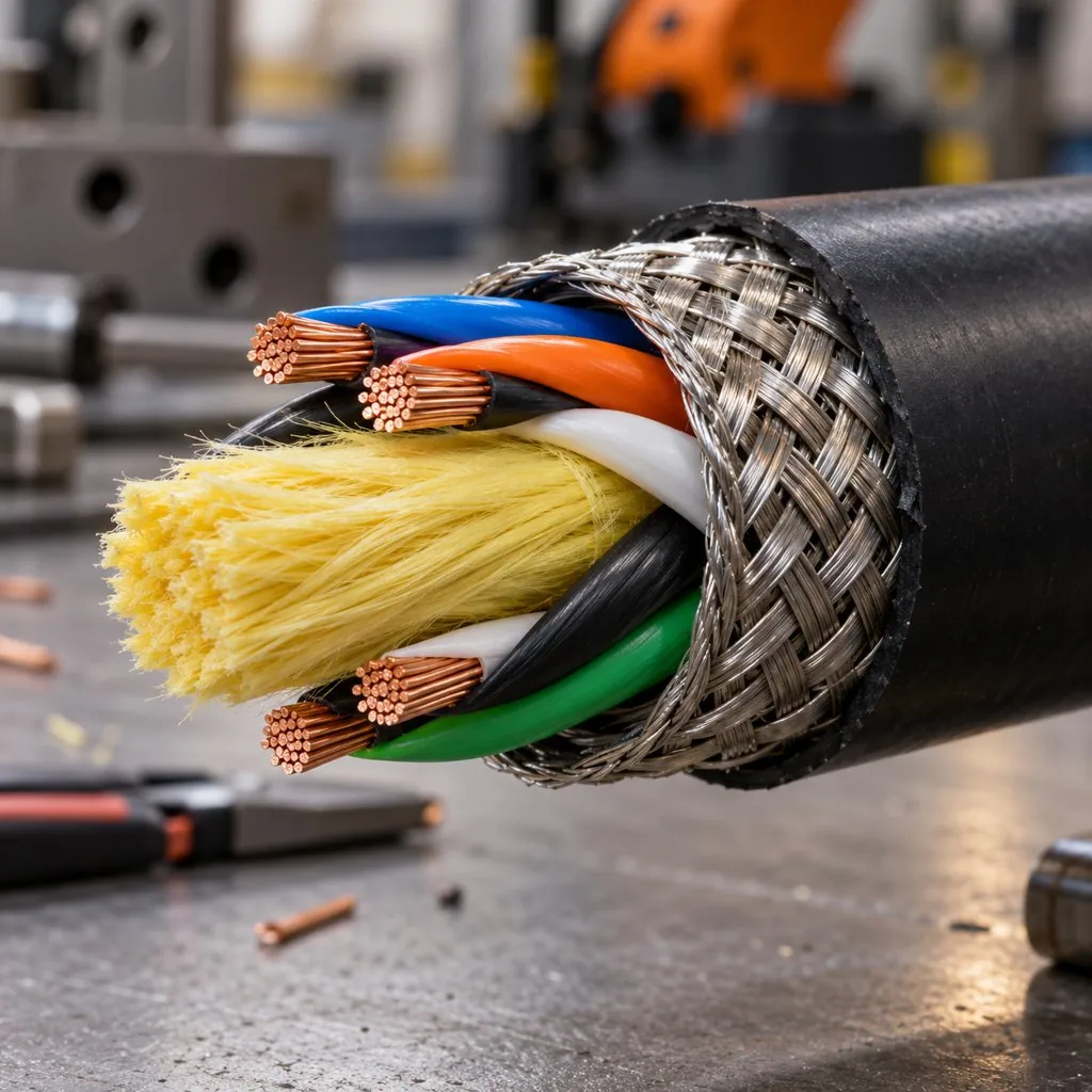A robot cable stripped back to show its yellow aramid center element surrounded by twisted cores on a workbench