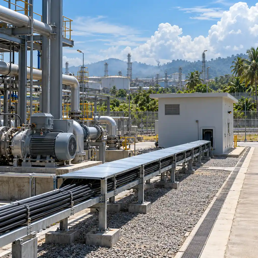 An industrial estate in Southeast Asia with a machine installation under a tropical sky, cable running in a covered tray toward a control building