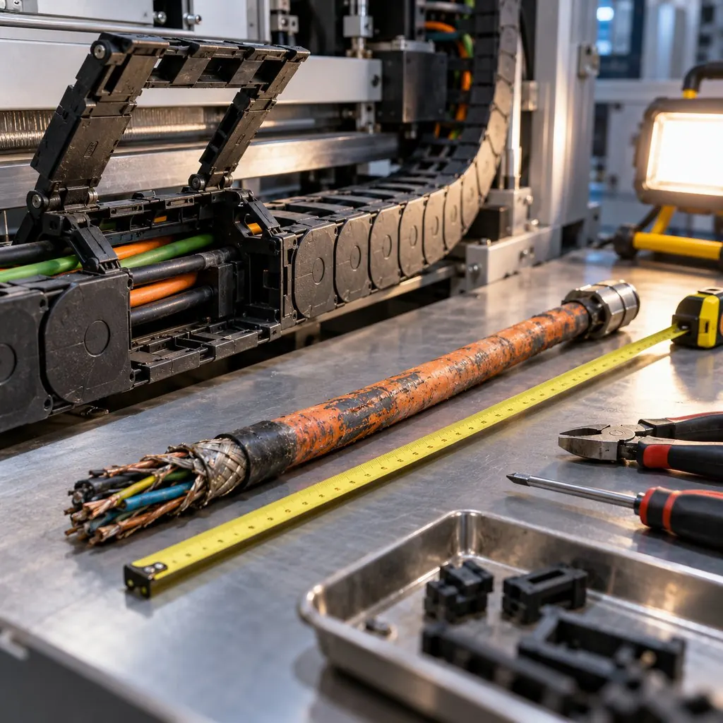 A technician measuring an old motion cable beside an open cable chain on a production machine during a maintenance window